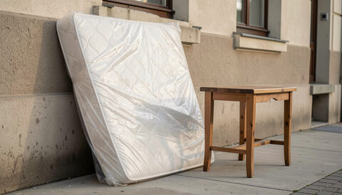Illustration: A wrapped mattress leaning against a building wall beside a small wooden table awaiting pickup in New York City, drawn for Curb and Container readers.