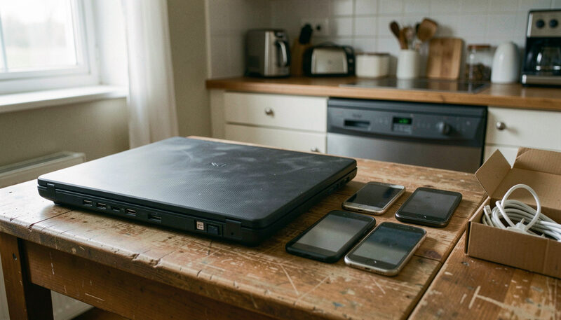 Illustration: A closed black laptop and four old smartphones with dark screens on a worn wooden kitchen table beside a small cardboard box of coiled charging cables, in soft window light in New York City, drawn for Curb and Container readers.